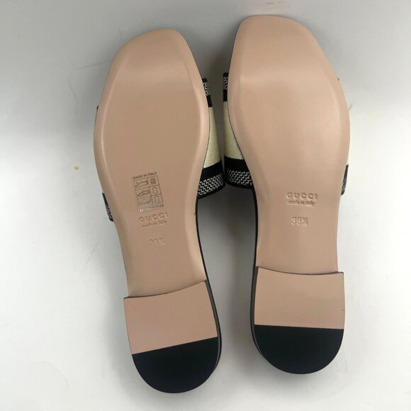Gucci Jane Slide Sandals Black/White Embroidered Logo Flat Open Toe 38.5 US8.5 - Picture 7 of 11